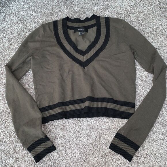 Forever 21 Cropped Green Black‎ Sweater Size Large V Neck - Picture 1 of 7